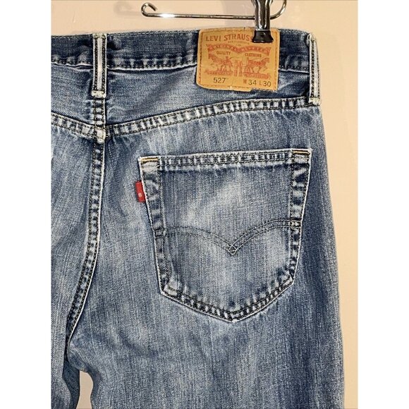 Levi’s 527 Mens Jeans 34x30 Slim Bootcut Stretch Med Wash Mid Rise Distressed - Picture 7 of 12